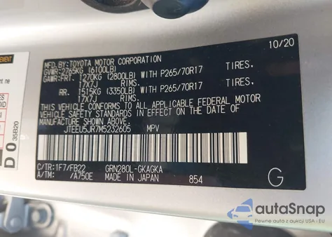 2021 Toyota 4Runner Sr5 z USA, uszkodzony, nr VIN JTEEU5JR7M5232605